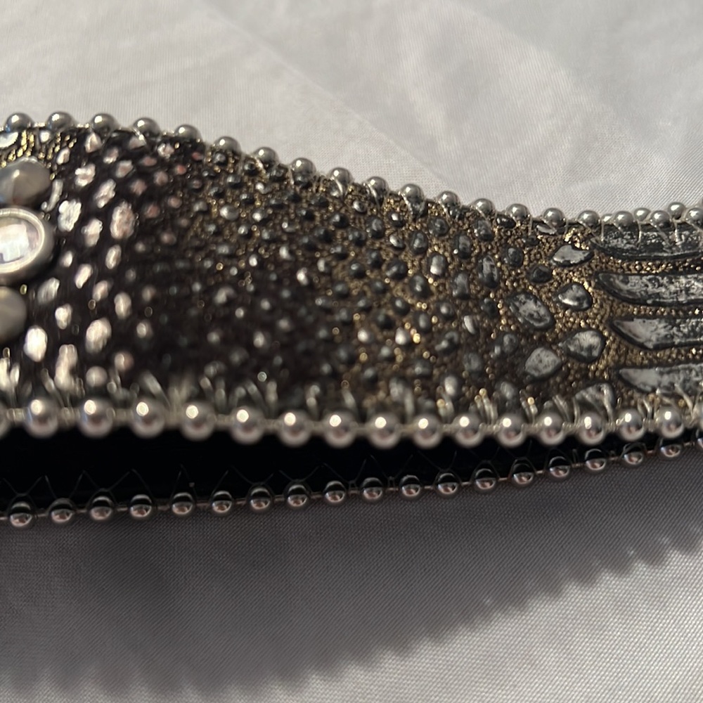 Headband-Black Distressed with Bezel Set Crystals & Silver Studs Western Bling - Picture 7 of 11